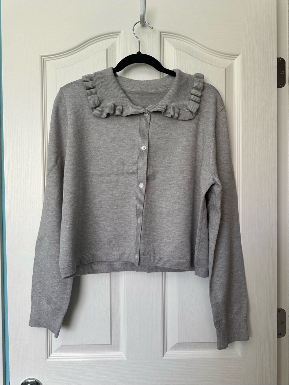 Gray Ruffle-Collar Button-Up Cardigan